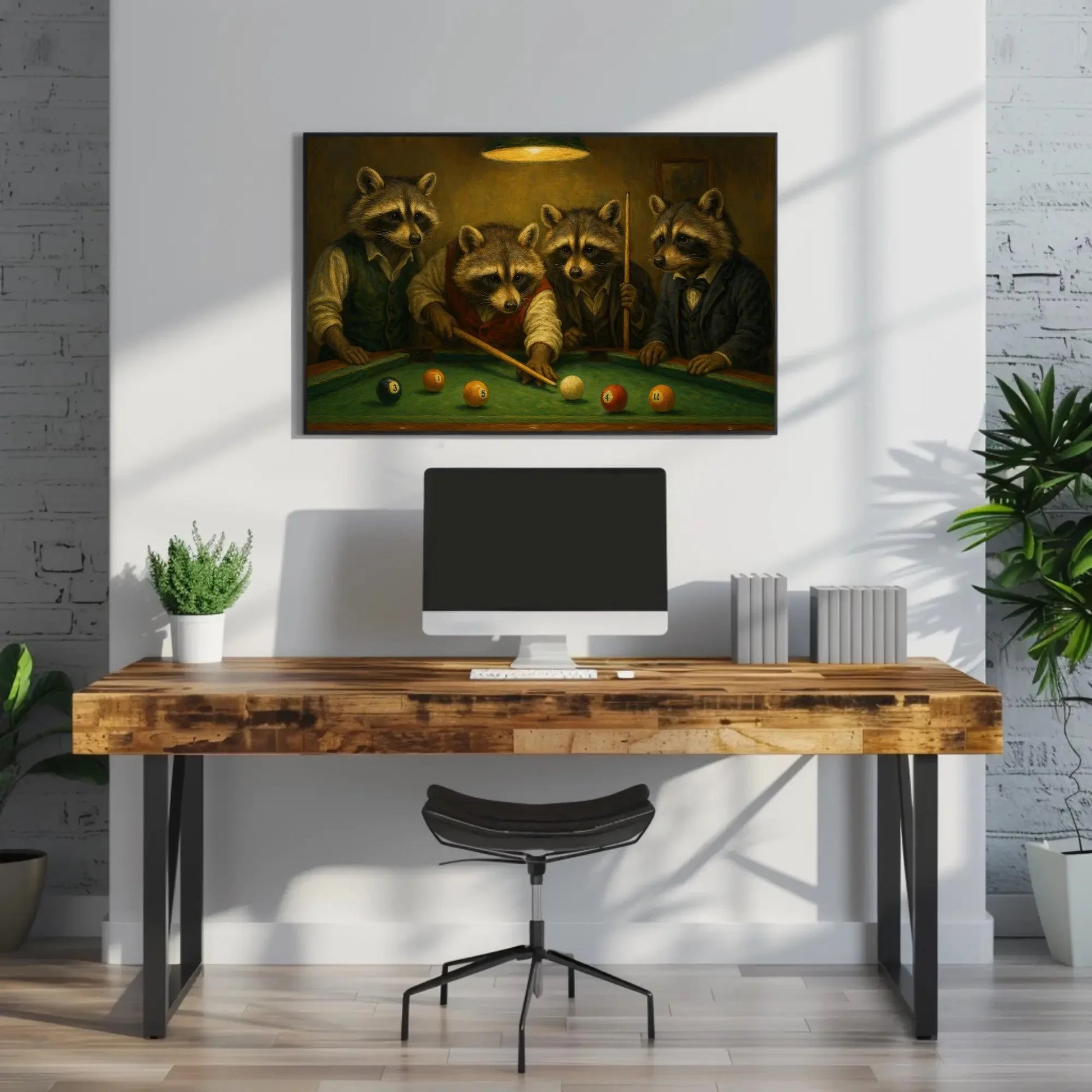 Raccoons Playing Pool Canvas Print Whimsical Animal Painting of Suited Raccoons Billiards Game Art for Bar Lounge or Man Cave Decor Wall Art – Canvas Print