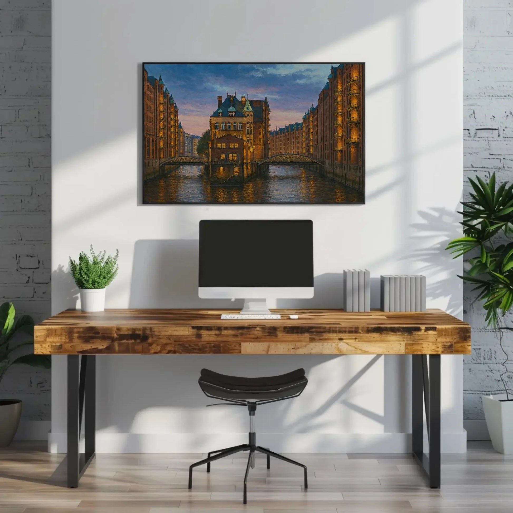 Speicherstadt Hamburg Germany at Dusk – Historic Canal District Canvas Painting – European Architecture Cityscape Wall Art Wall Art – Canvas Print
