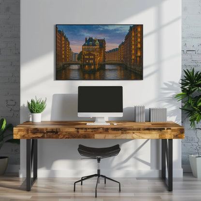 Speicherstadt Hamburg Germany at Dusk – Historic Canal District Canvas Painting – European Architecture Cityscape Wall Art Wall Art – Canvas Print
