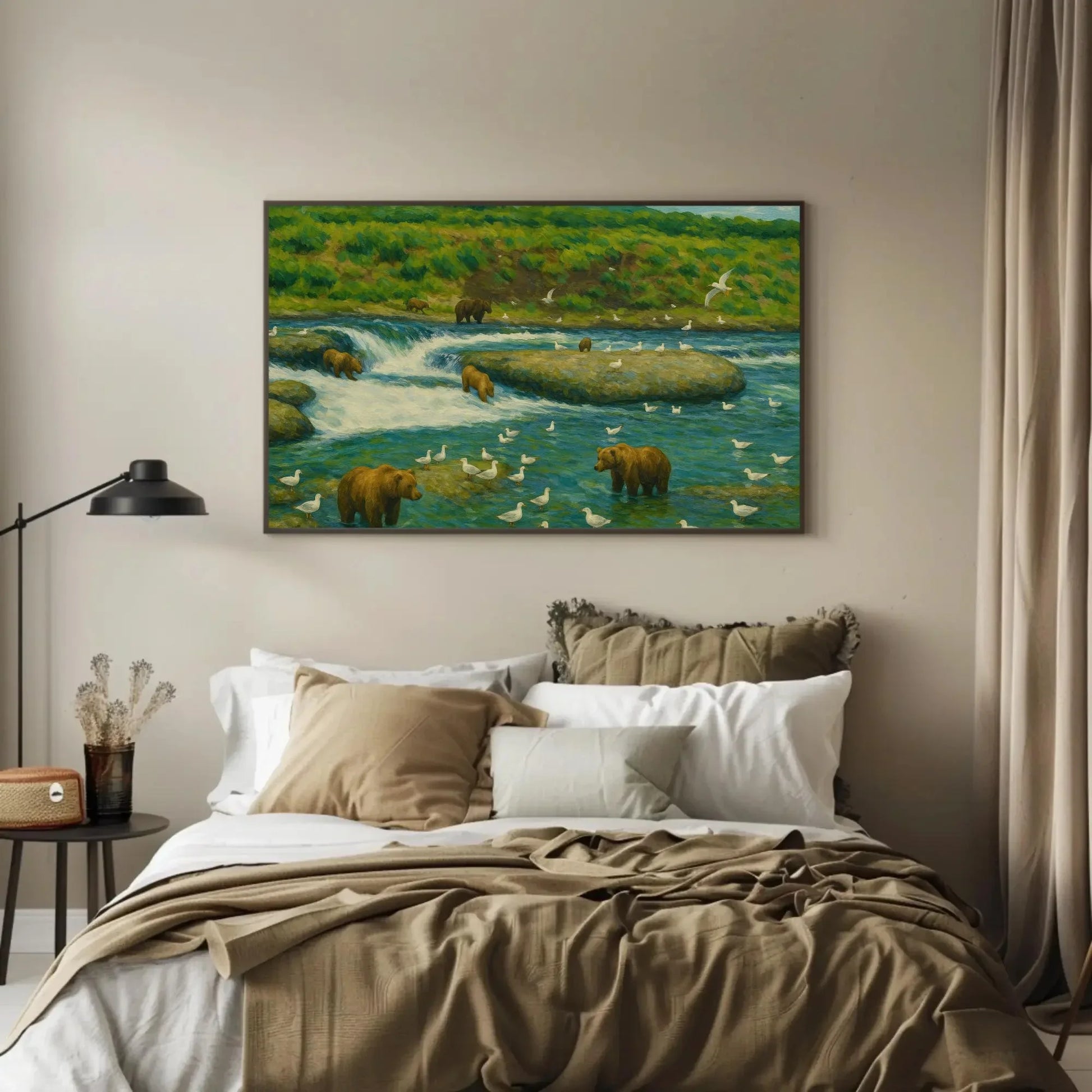 Brooks Falls Alaska grizzly bear fishing scene canvas wildlife painting for cabin lodge living room or nature themed wall decor Wall Art – Canvas Print