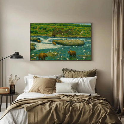 Brooks Falls Alaska grizzly bear fishing scene canvas wildlife painting for cabin lodge living room or nature themed wall decor Wall Art – Canvas Print