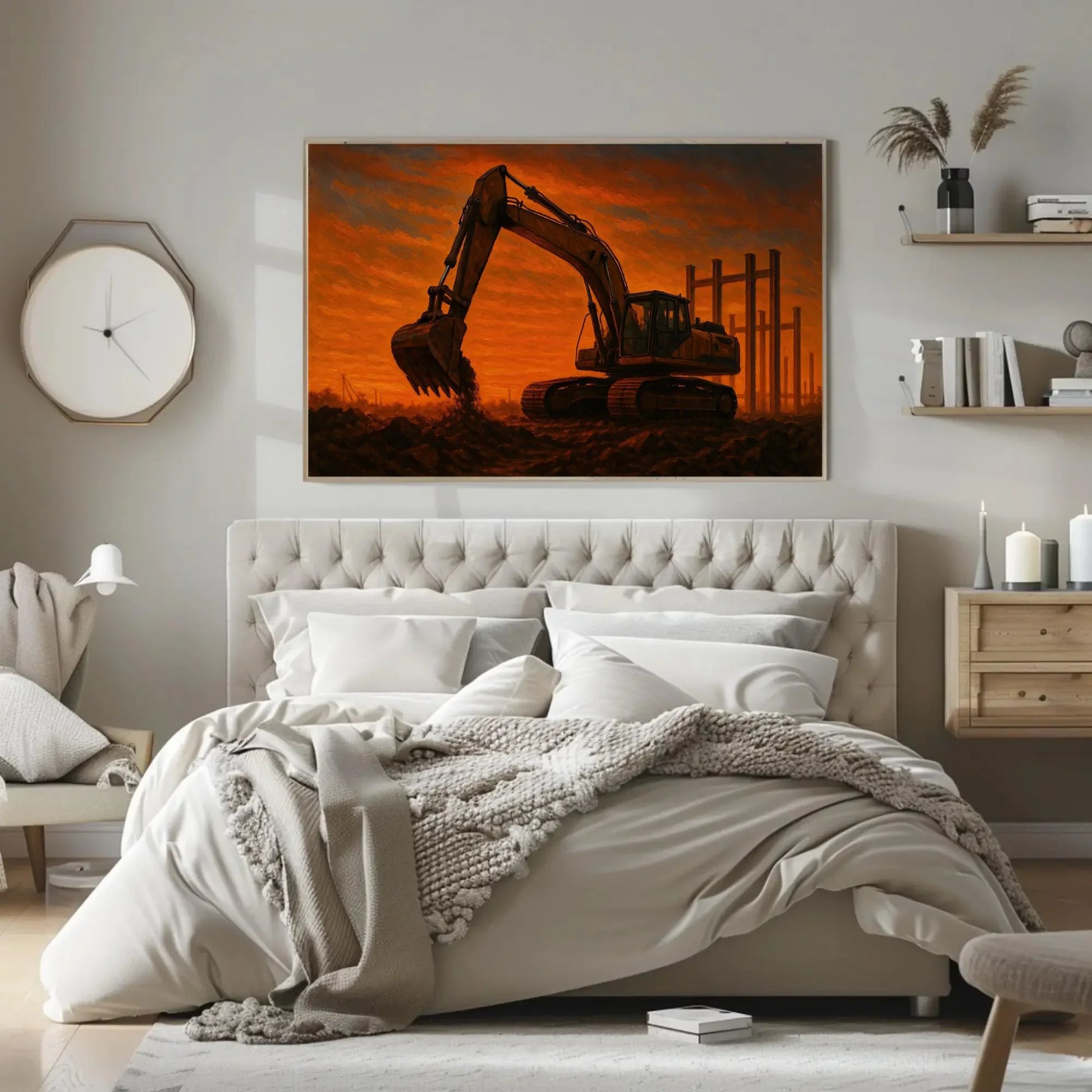 Construction Excavator Painting Sunset Industrial Earth Mover Canvas Print Construction Site Wall Art Machinery Worker Decor Wall Art – Canvas Print