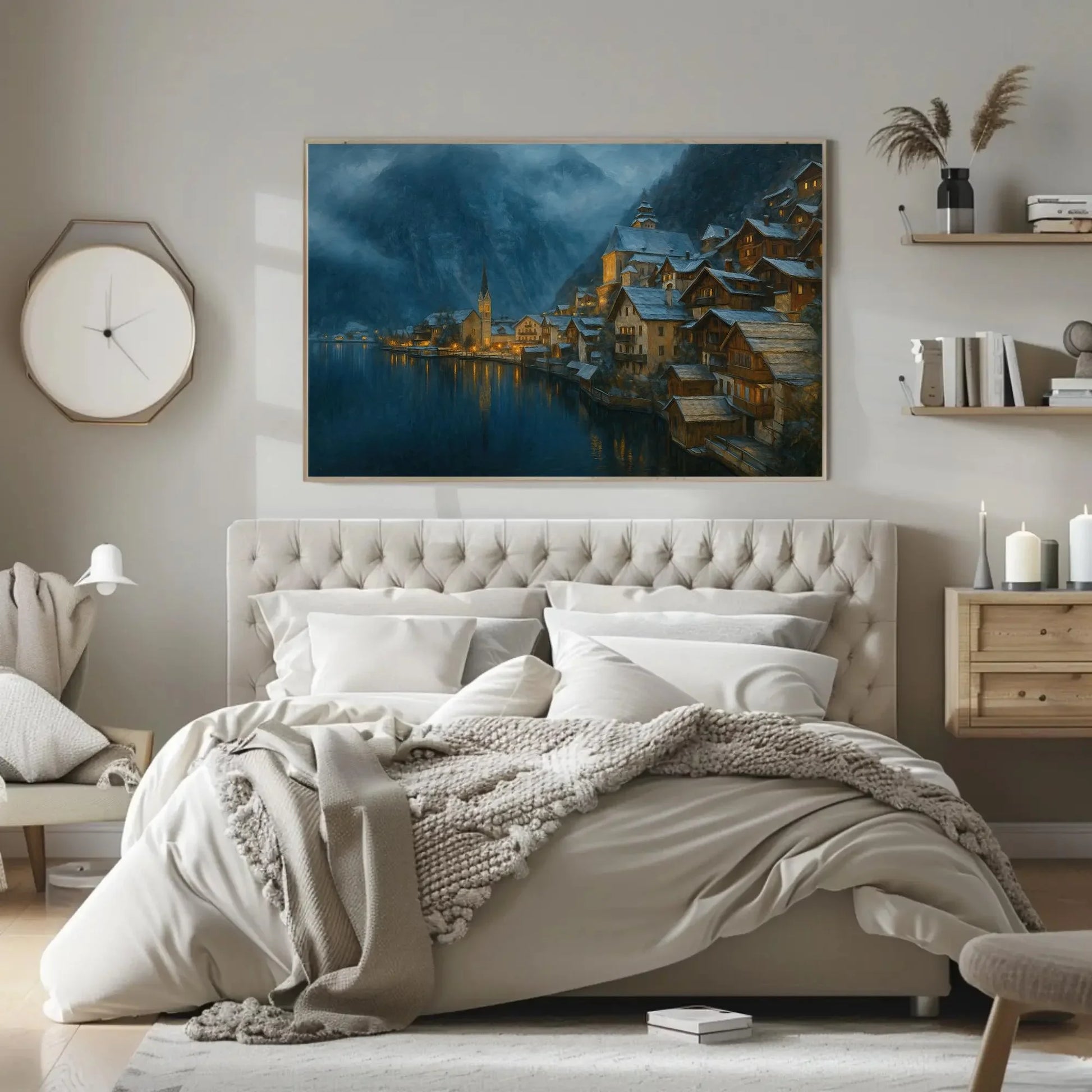 Snowy Night in Hallstatt Austria Canvas Print Magical Winter Village Lake Scene Wall Art for Cozy Mountain Home Decor Wall Art – Canvas Print