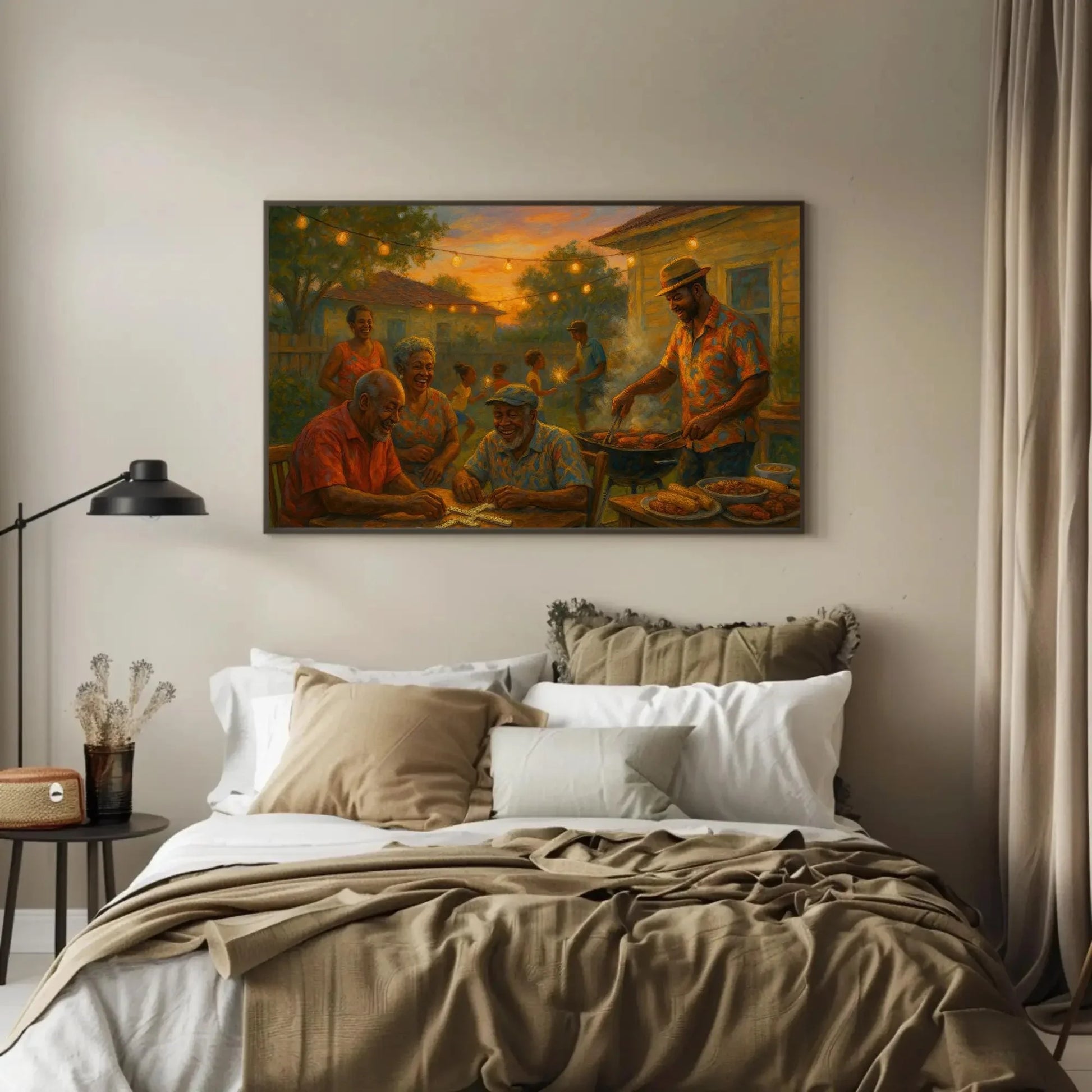 Black family barbecue canvas painting summer evening wall art for dining room kitchen or nostalgic home decor with joyful moments Wall Art – Canvas Print