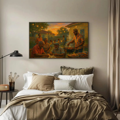 Black family barbecue canvas painting summer evening wall art for dining room kitchen or nostalgic home decor with joyful moments Wall Art – Canvas Print