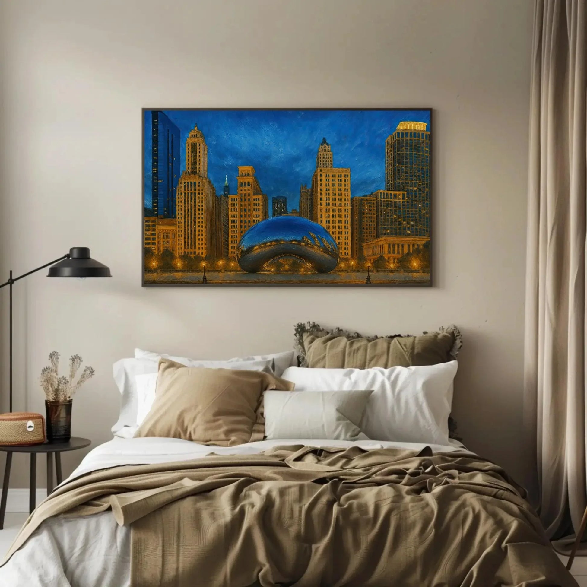 Chicago Cloud Gate bean canvas painting urban skyline wall art for modern home office living room or cityscape lover gift decor Wall Art – Canvas Print