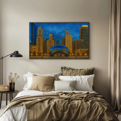 Chicago Cloud Gate bean canvas painting urban skyline wall art for modern home office living room or cityscape lover gift decor Wall Art – Canvas Print