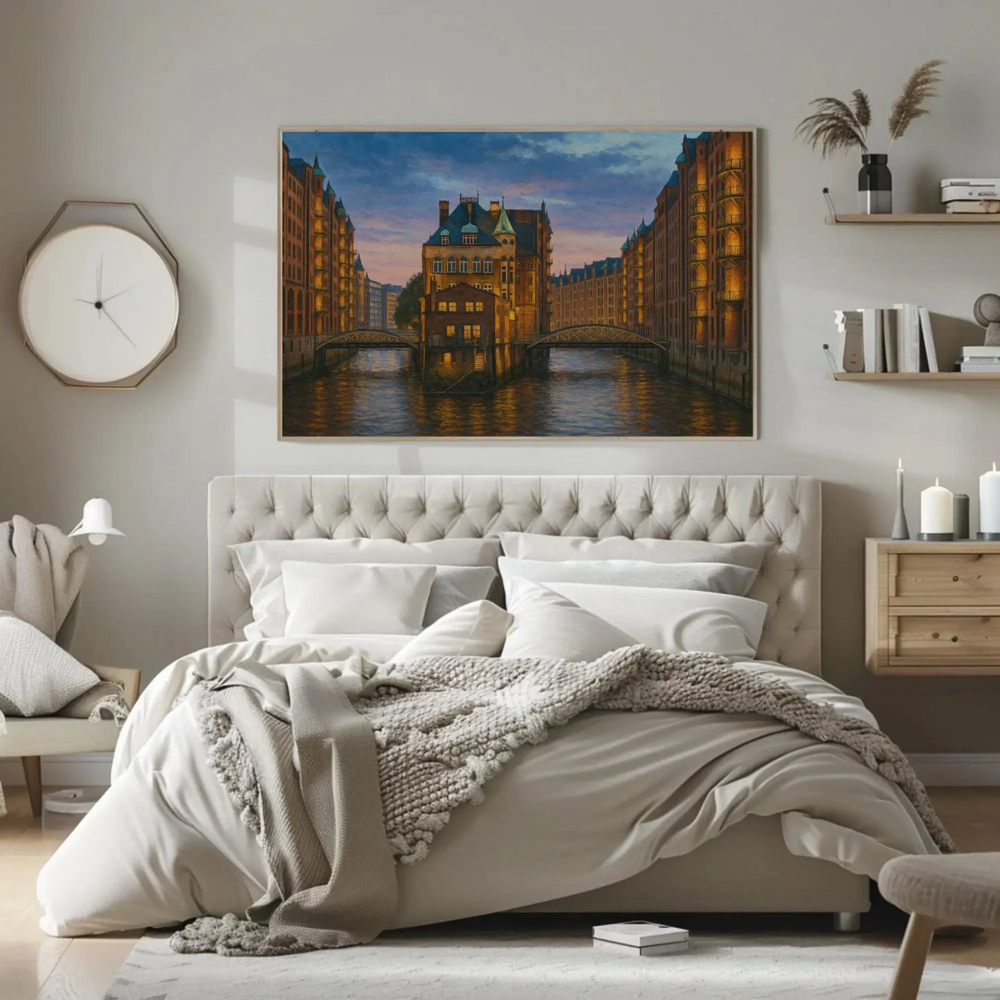 Speicherstadt Hamburg Germany at Dusk – Historic Canal District Canvas Painting – European Architecture Cityscape Wall Art Wall Art – Canvas Print