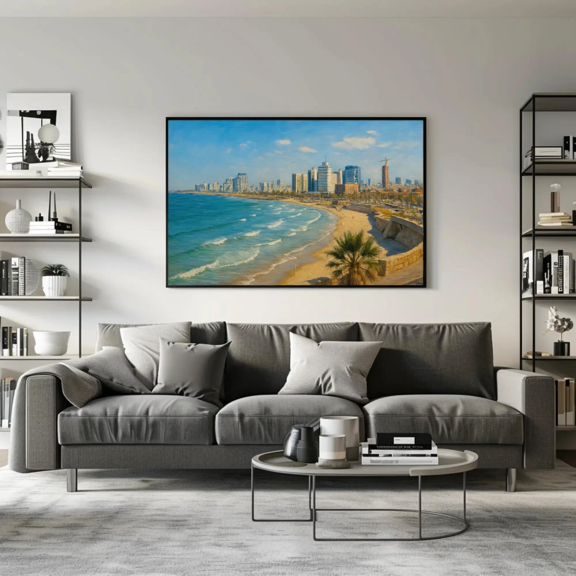 Tel Aviv Israel beach skyline canvas wall art modern cityscape painting for office or living room coastal decor Mediterranean print Wall Art – Canvas Print