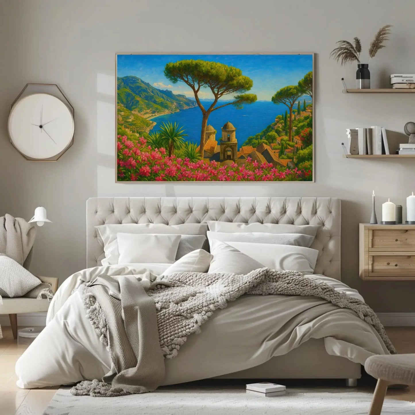 Ravello Amalfi Coast Canvas Painting Print Italy Seaside View Wall Art Mediterranean Landscape Flowers and Ocean Home Decor Print Wall Art – Canvas Print