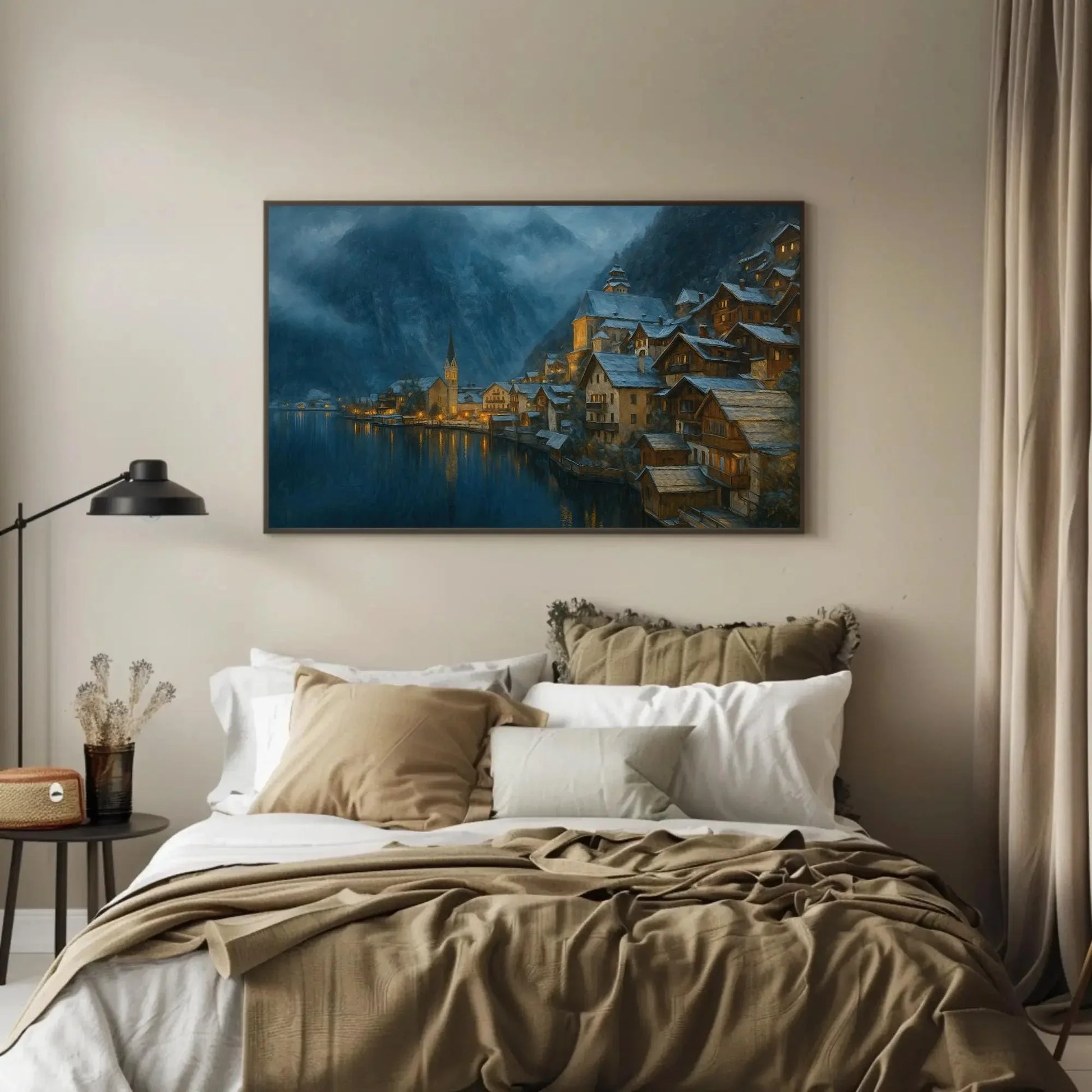 Snowy Night in Hallstatt Austria Canvas Print Magical Winter Village Lake Scene Wall Art for Cozy Mountain Home Decor Wall Art – Canvas Print