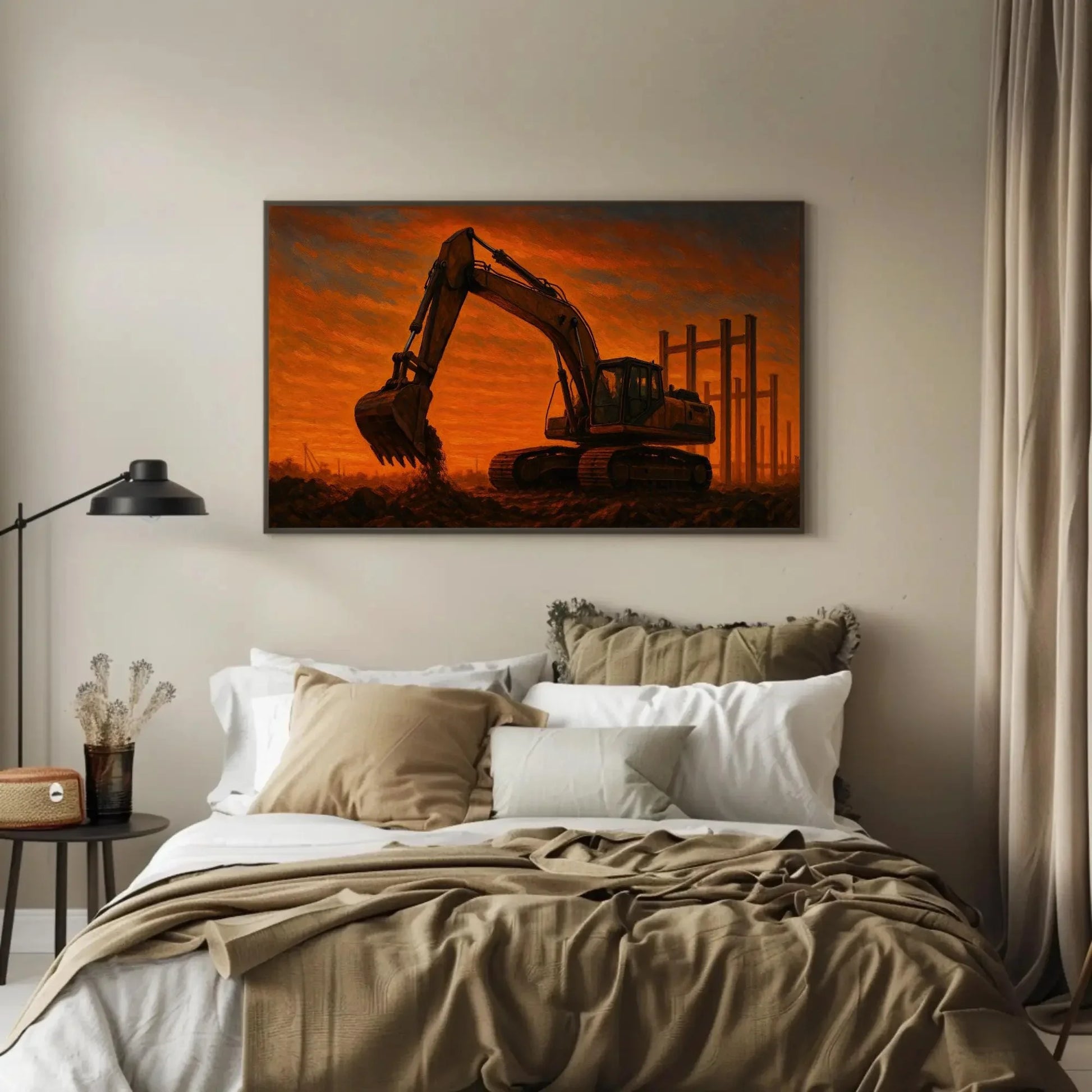 Construction Excavator Painting Sunset Industrial Earth Mover Canvas Print Construction Site Wall Art Machinery Worker Decor Wall Art – Canvas Print