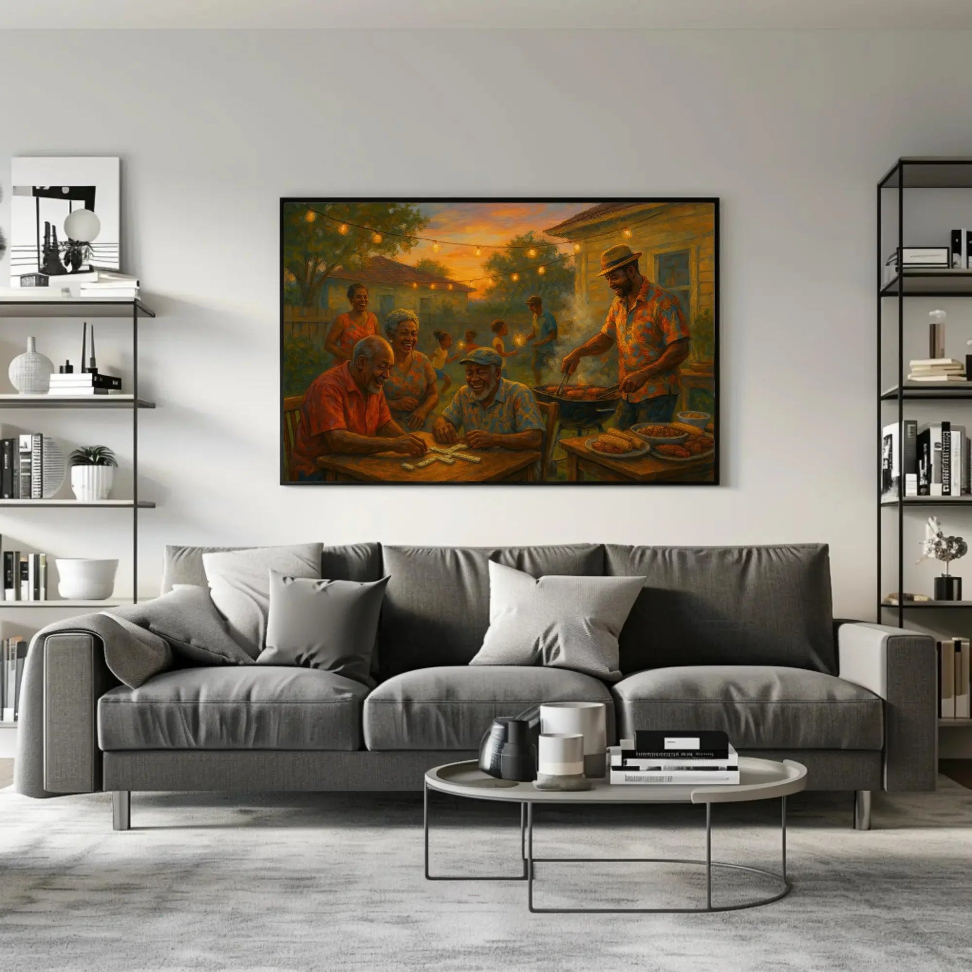 Black family barbecue canvas painting summer evening wall art for dining room kitchen or nostalgic home decor with joyful moments Wall Art – Canvas Print