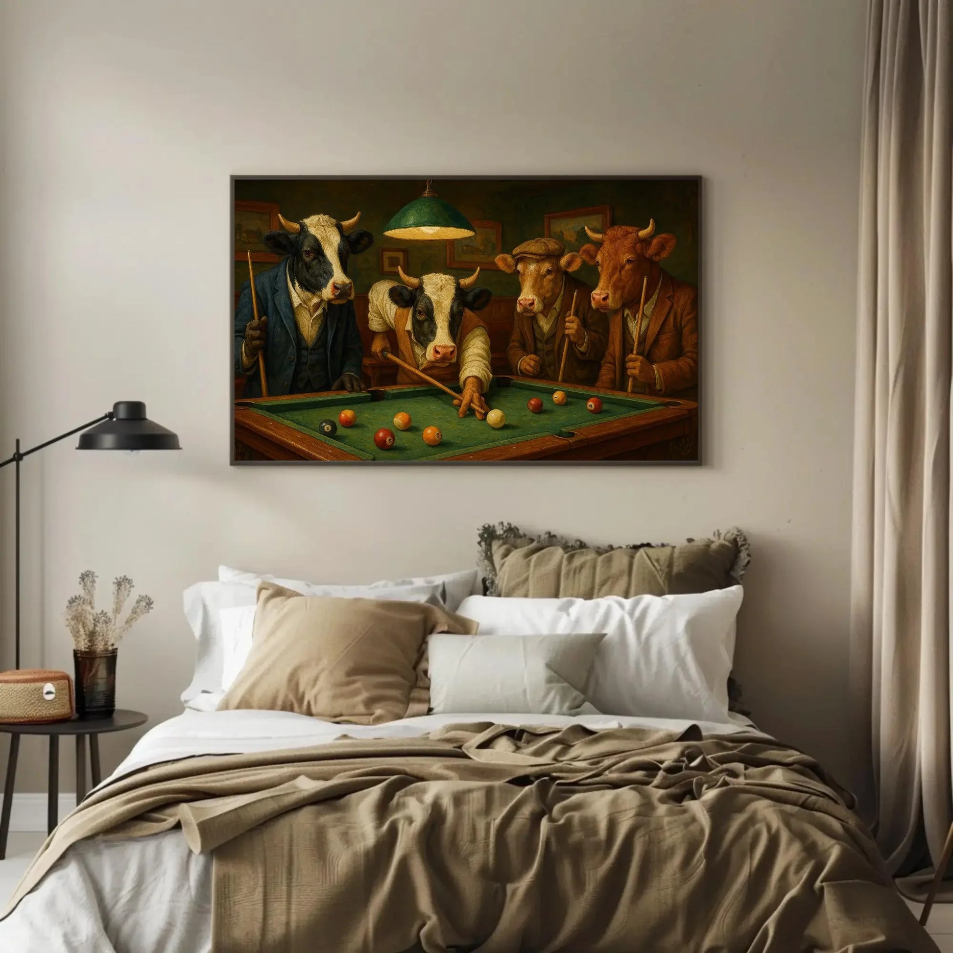 Cows Playing Pool Canvas Print Humorous Animal Billiards Painting with Dressed Cows Funny Farmhouse Wall Art for Bar or Game Room Wall Art – Canvas Print