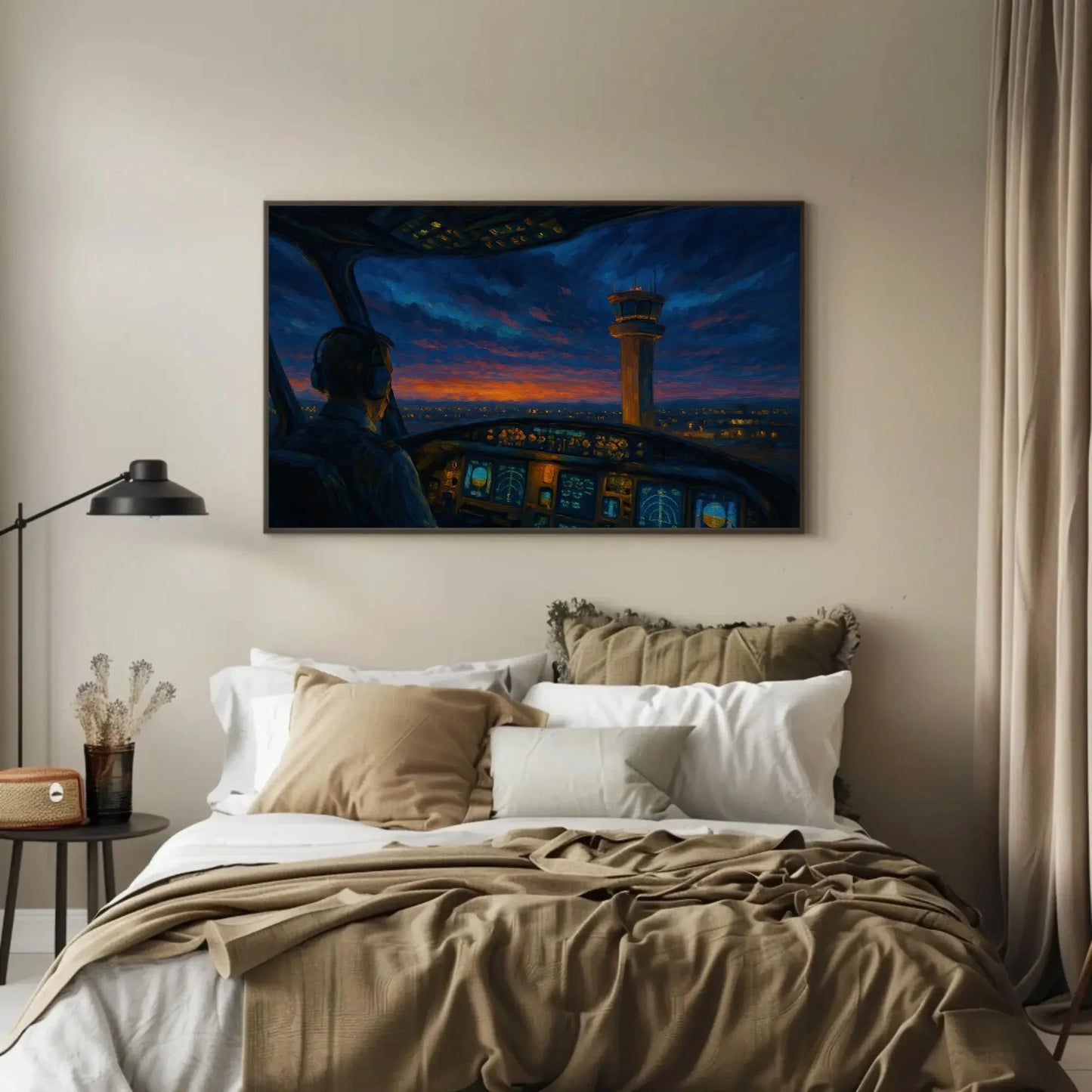 Pilot View Cockpit Painting Air Traffic Control Tower at Sunset Canvas Art for Aviator Office or Airplane Lover Gift Idea Wall Art – Canvas Print