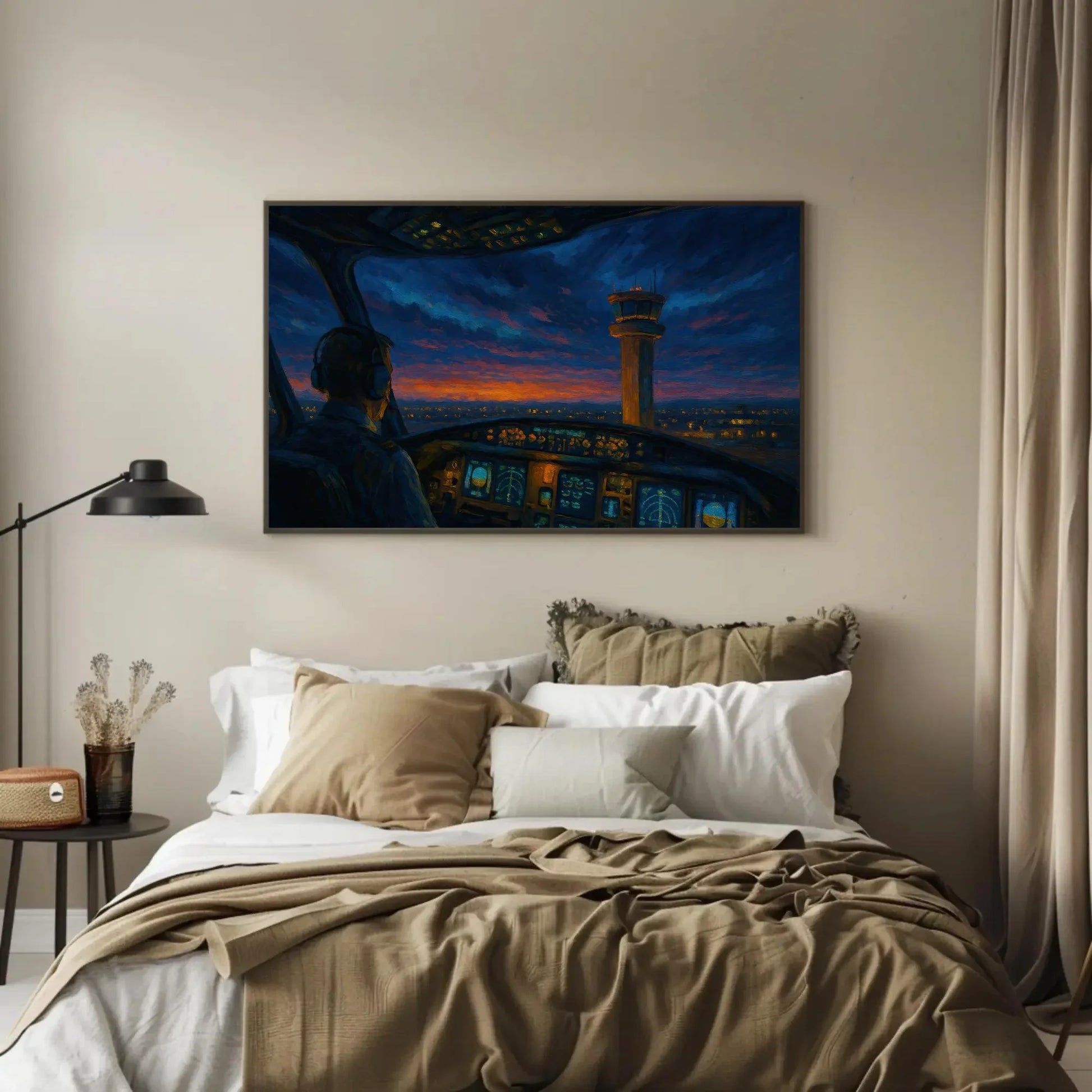 Pilot View Cockpit Painting Air Traffic Control Tower at Sunset Canvas Art for Aviator Office or Airplane Lover Gift Idea Wall Art – Canvas Print