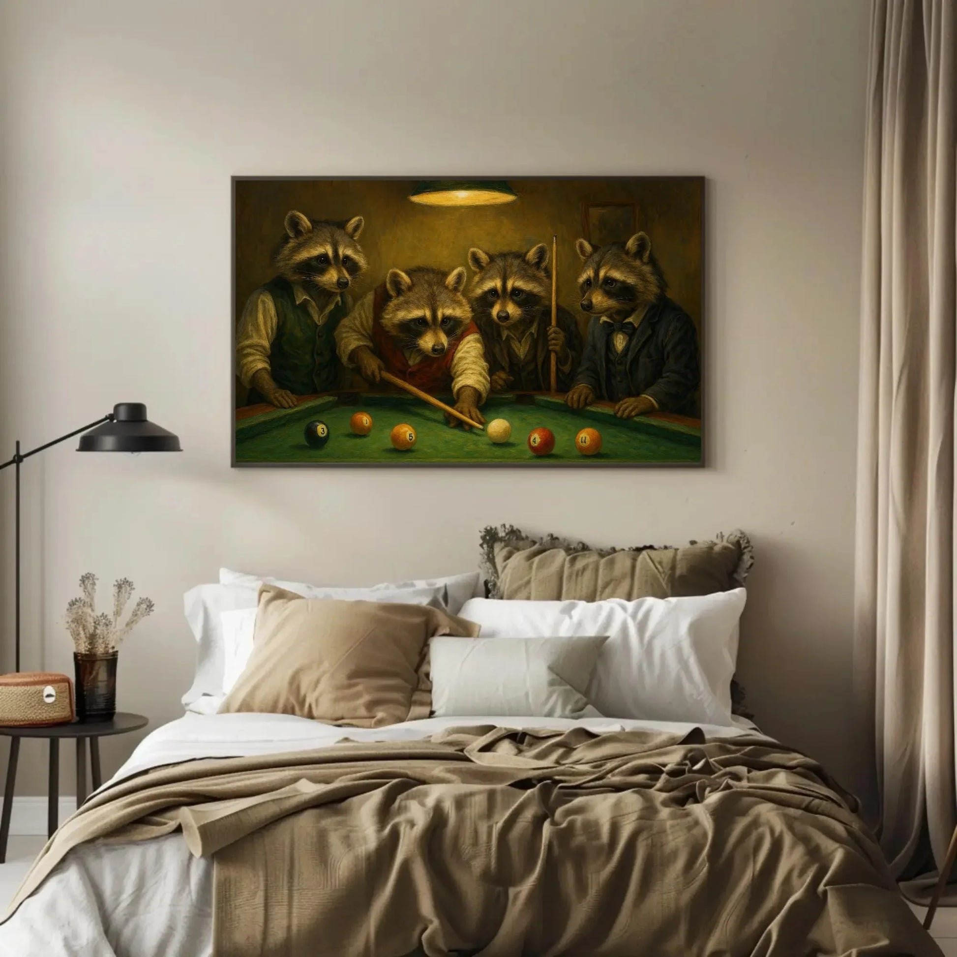 Raccoons Playing Pool Canvas Print Whimsical Animal Painting of Suited Raccoons Billiards Game Art for Bar Lounge or Man Cave Decor Wall Art – Canvas Print