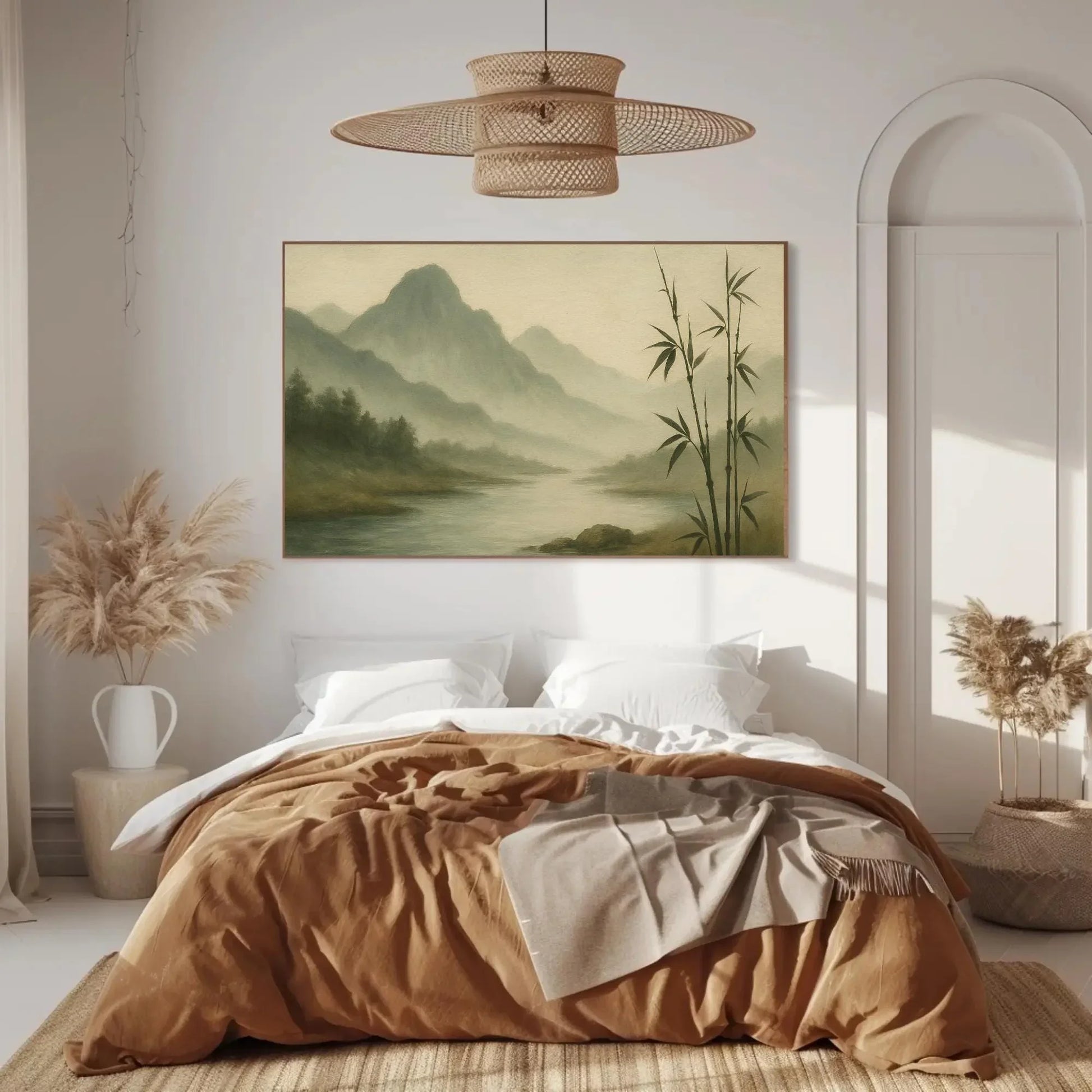 Zen Bamboo Forest River Canvas Print – Misty Mountains Painting Wall Art for Japanese Decor, Nature Tranquility and Meditative Style Wall Art – Canvas Print