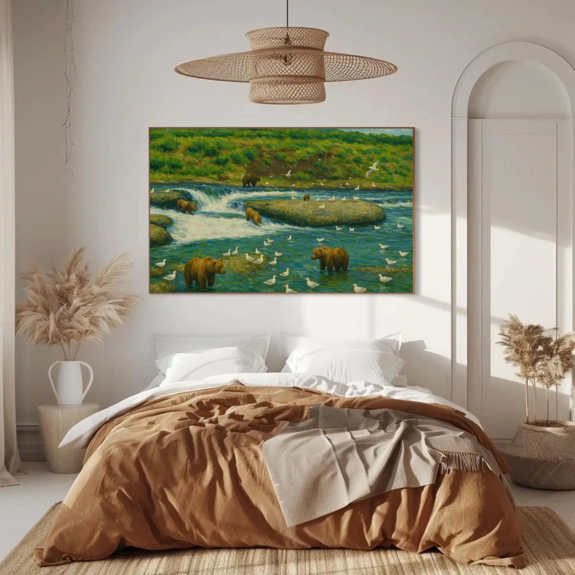 Brooks Falls Alaska grizzly bear fishing scene canvas wildlife painting for cabin lodge living room or nature themed wall decor Wall Art – Canvas Print