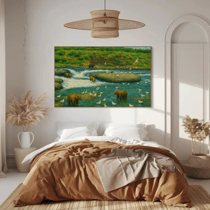 Brooks Falls Alaska grizzly bear fishing scene canvas wildlife painting for cabin lodge living room or nature themed wall decor Wall Art – Canvas Print