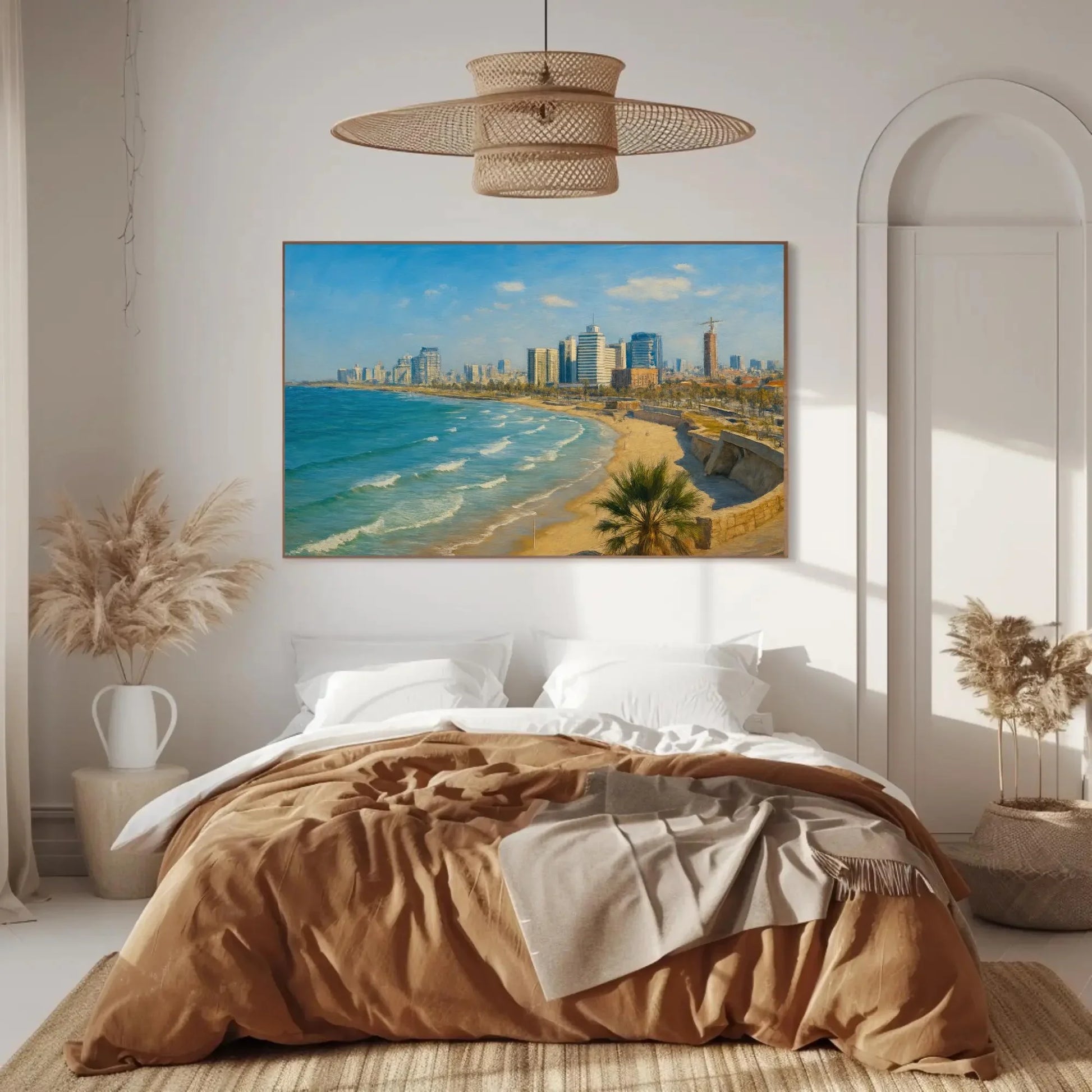 Tel Aviv Israel beach skyline canvas wall art modern cityscape painting for office or living room coastal decor Mediterranean print Wall Art – Canvas Print