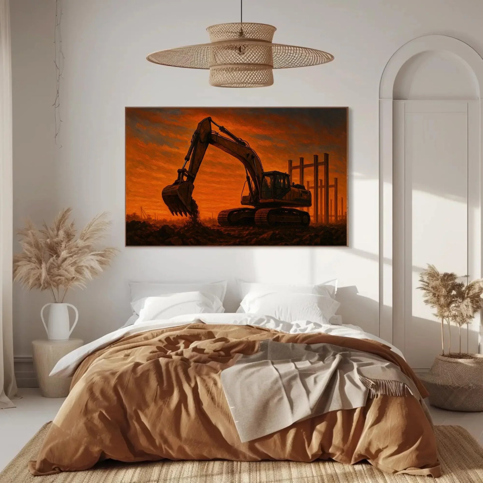 Construction Excavator Painting Sunset Industrial Earth Mover Canvas Print Construction Site Wall Art Machinery Worker Decor Wall Art – Canvas Print