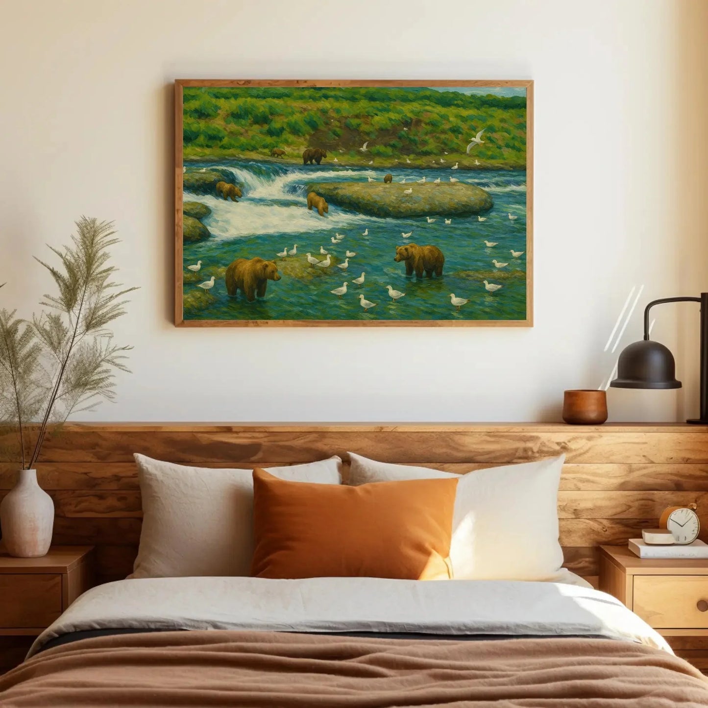 Brooks Falls Alaska grizzly bear fishing scene canvas wildlife painting for cabin lodge living room or nature themed wall decor Wall Art – Canvas Print