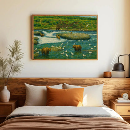 Brooks Falls Alaska grizzly bear fishing scene canvas wildlife painting for cabin lodge living room or nature themed wall decor Wall Art – Canvas Print