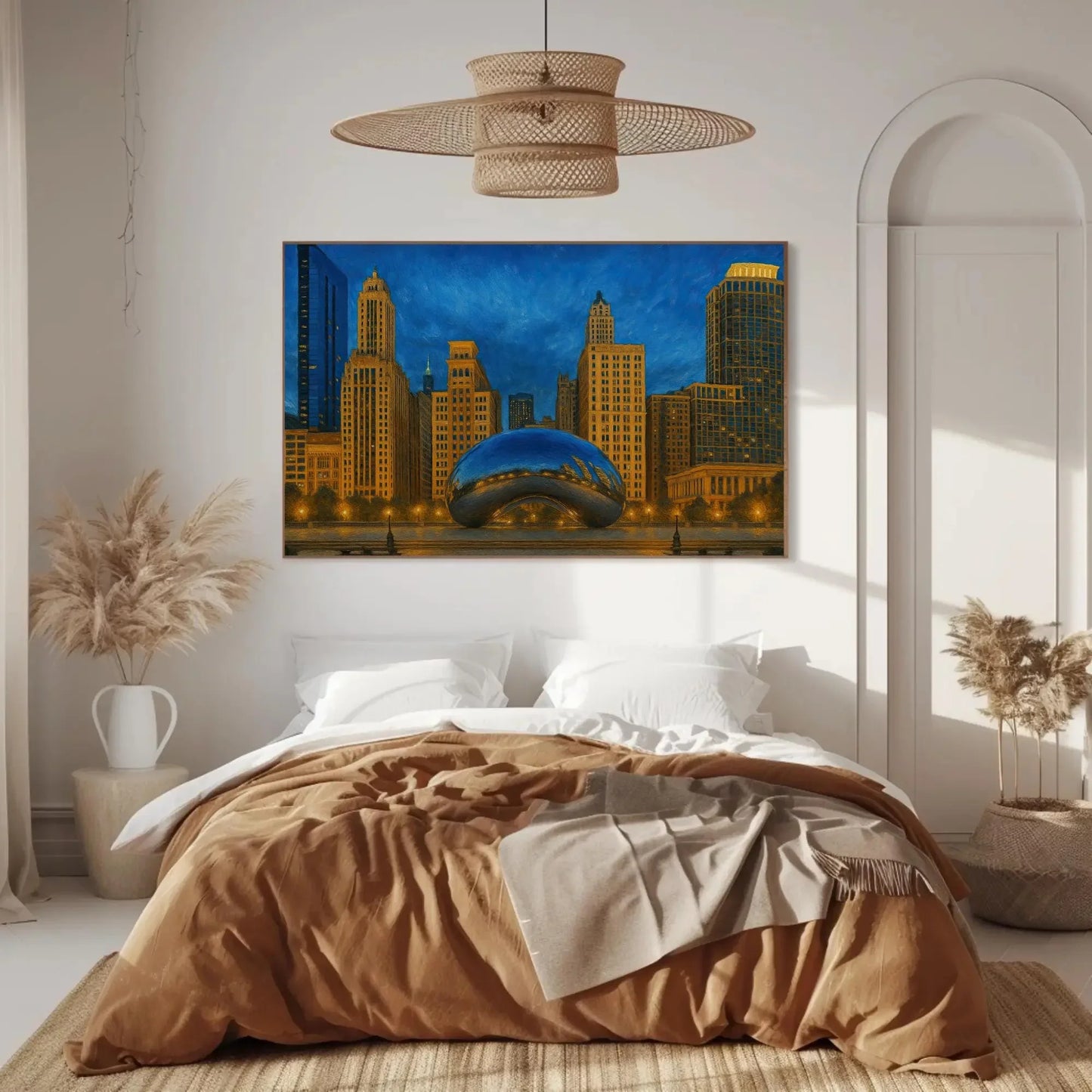 Chicago Cloud Gate bean canvas painting urban skyline wall art for modern home office living room or cityscape lover gift decor Wall Art – Canvas Print