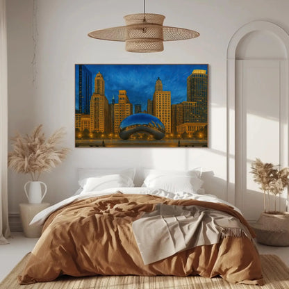 Chicago Cloud Gate bean canvas painting urban skyline wall art for modern home office living room or cityscape lover gift decor Wall Art – Canvas Print