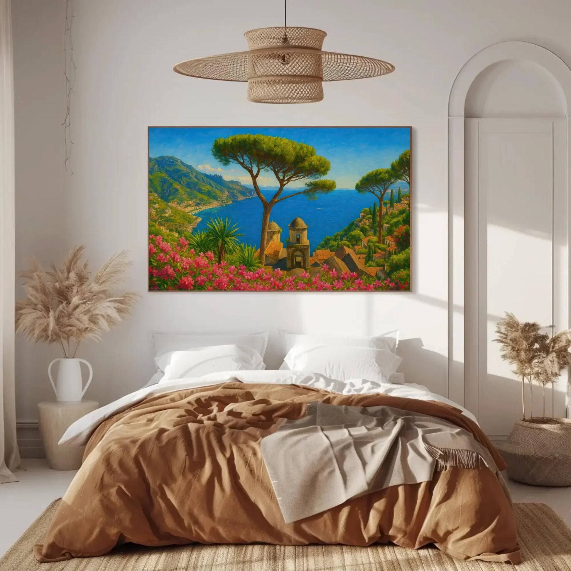 Ravello Amalfi Coast Canvas Painting Print Italy Seaside View Wall Art Mediterranean Landscape Flowers and Ocean Home Decor Print Wall Art – Canvas Print