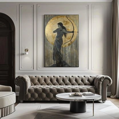 Artemis Greek Goddess with Bow and Gold Moon Canvas | Divine Feminine Art | Greek Mythology Wall Art for Living Room, Bedroom, Ready to Hang Wall Art – Canvas Print
