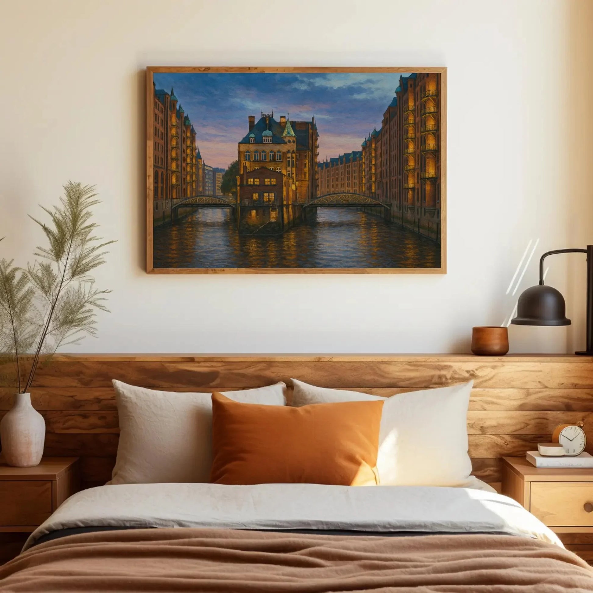 Speicherstadt Hamburg Germany at Dusk – Historic Canal District Canvas Painting – European Architecture Cityscape Wall Art Wall Art – Canvas Print