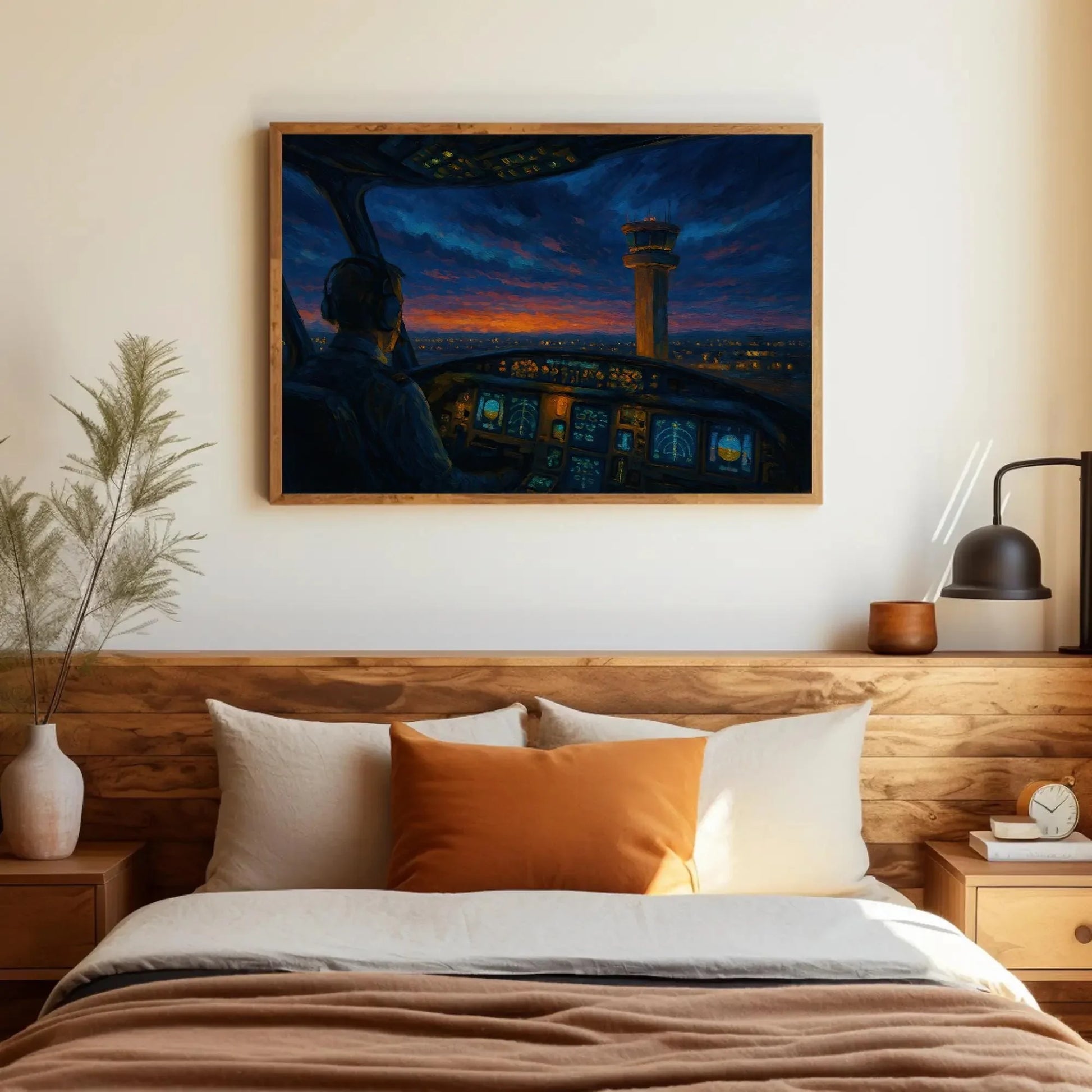Pilot View Cockpit Painting Air Traffic Control Tower at Sunset Canvas Art for Aviator Office or Airplane Lover Gift Idea Wall Art – Canvas Print