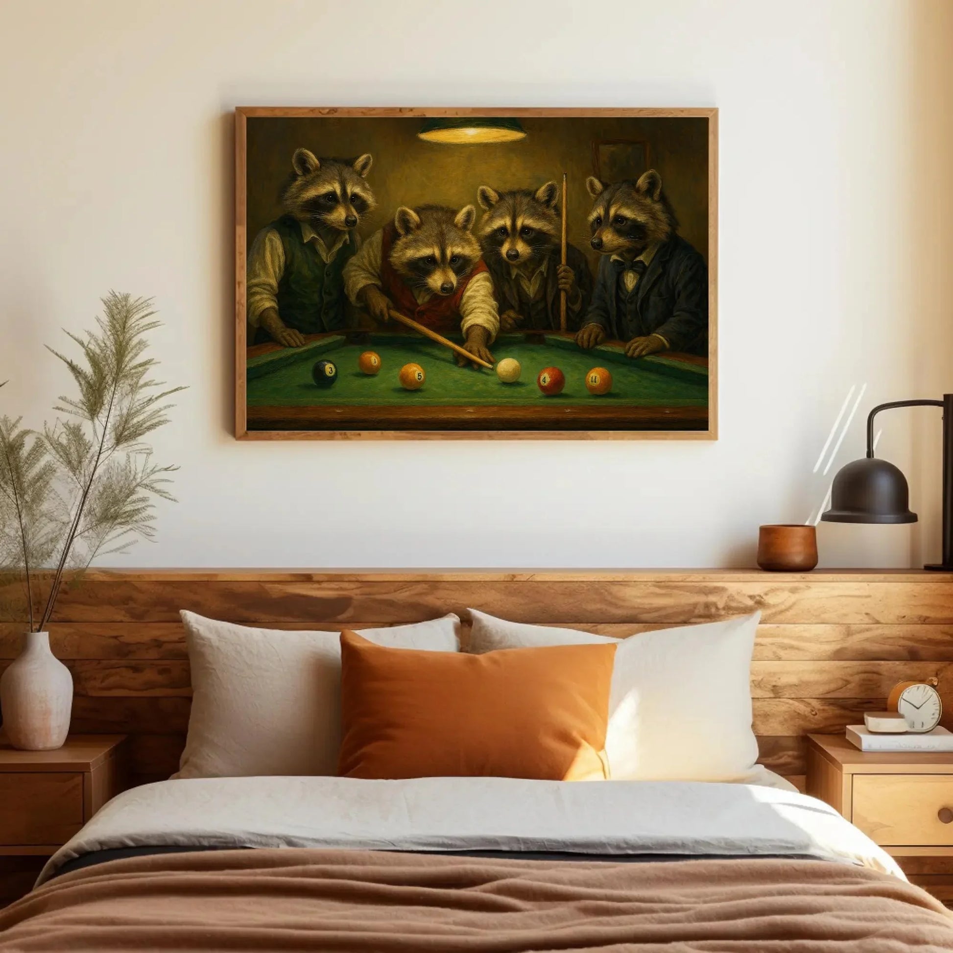 Raccoons Playing Pool Canvas Print Whimsical Animal Painting of Suited Raccoons Billiards Game Art for Bar Lounge or Man Cave Decor Wall Art – Canvas Print
