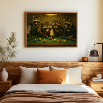 Raccoons Playing Pool Canvas Print Whimsical Animal Painting of Suited Raccoons Billiards Game Art for Bar Lounge or Man Cave Decor Wall Art – Canvas Print