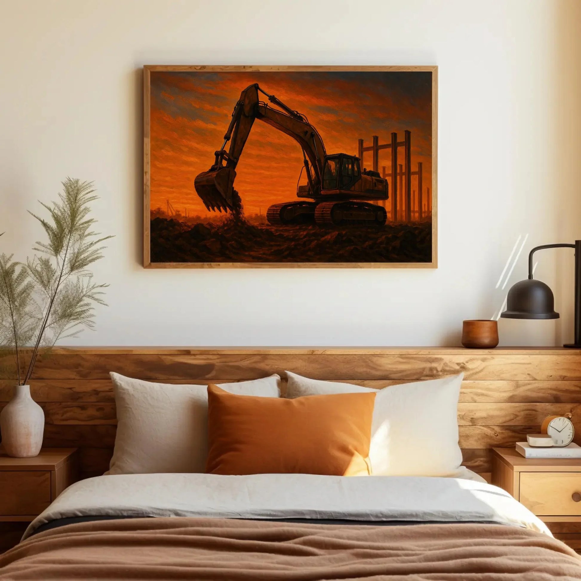 Construction Excavator Painting Sunset Industrial Earth Mover Canvas Print Construction Site Wall Art Machinery Worker Decor Wall Art – Canvas Print