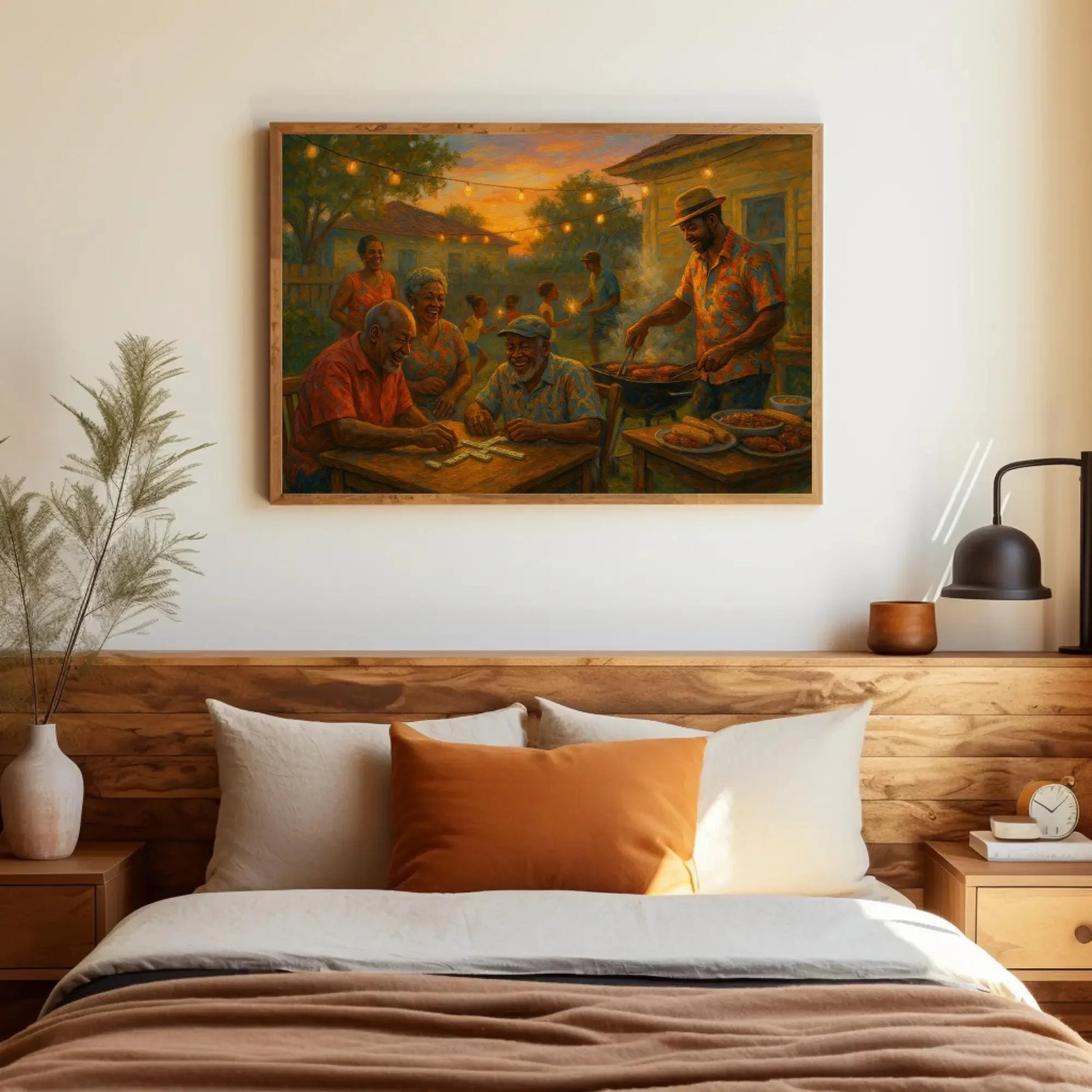 Black family barbecue canvas painting summer evening wall art for dining room kitchen or nostalgic home decor with joyful moments Wall Art – Canvas Print