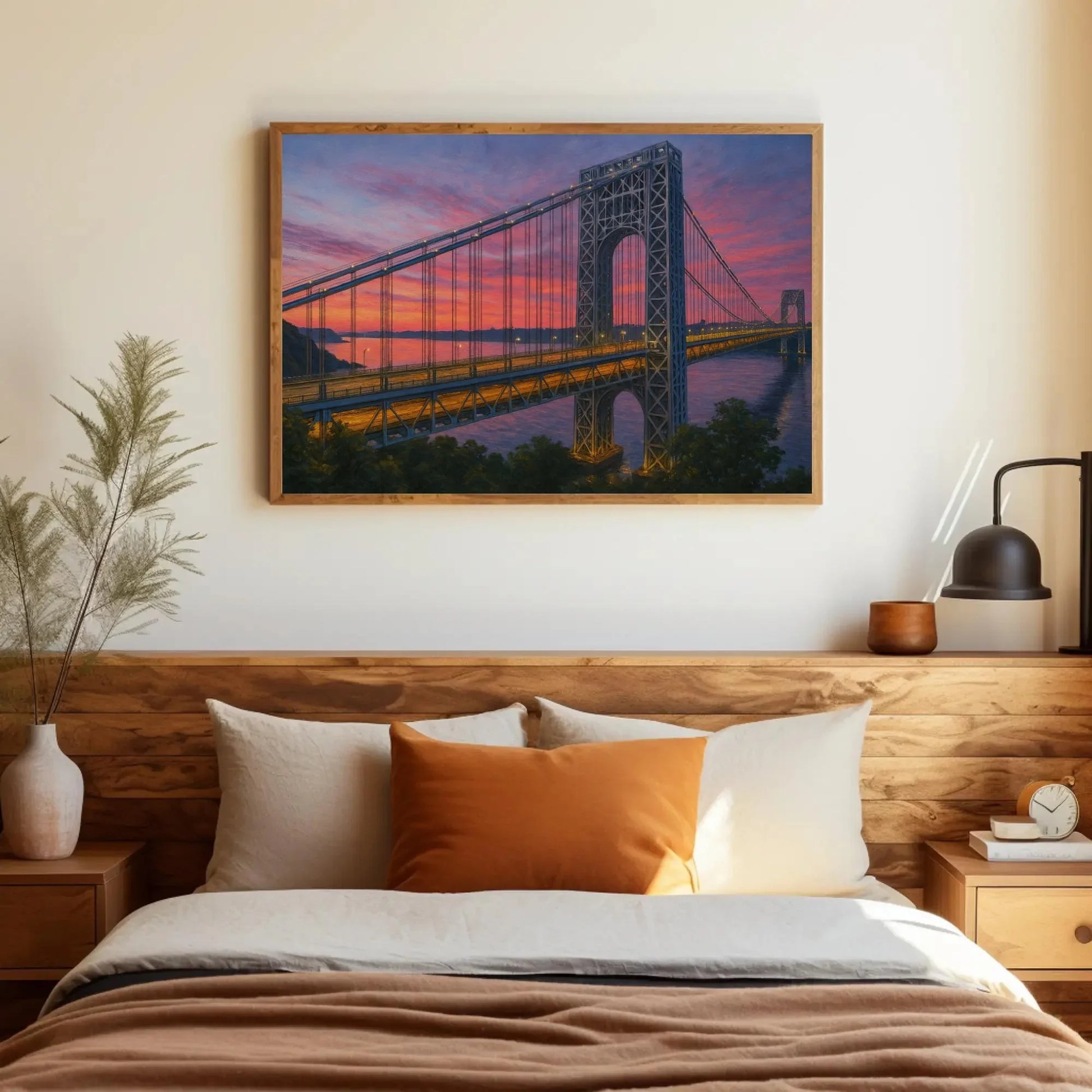 George Washington Bridge canvas wall art sunset New York skyline painting for living room or office decor romantic dusk cityscape view Wall Art – Canvas Print