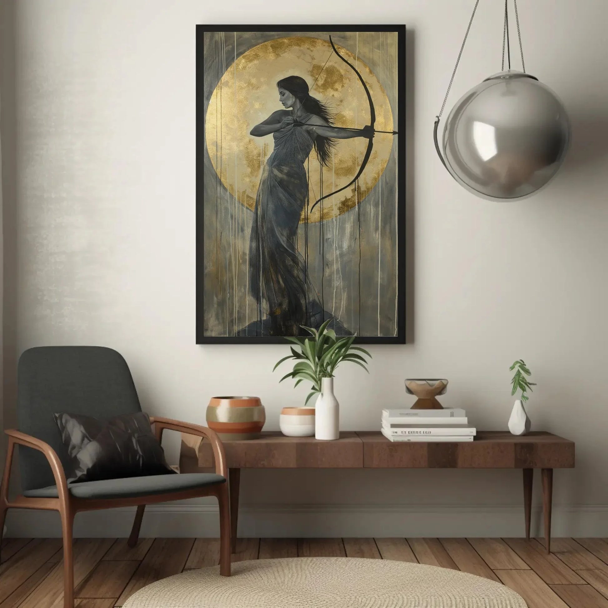 Artemis Greek Goddess with Bow and Gold Moon Canvas | Divine Feminine Art | Greek Mythology Wall Art for Living Room, Bedroom, Ready to Hang Wall Art – Canvas Print
