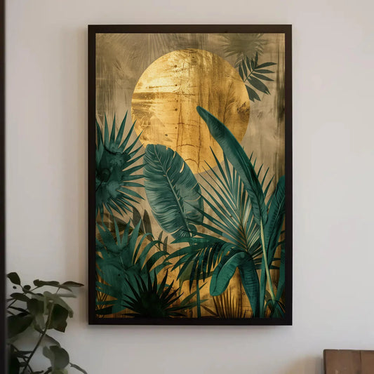 Golden Sun and Tropical Plants Wall Art | Green and Gold Jungle Canvas Print | Tropical Nature Wall Decor | Large Botanical Forest Art Wall Art – Canvas Print