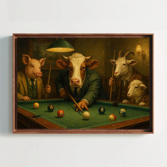 Farm Animal Pool Game Canvas Print Funny Art of Pig Cow Goat and Sheep Playing Billiards Suited Animals Wall Decor for Bar or Game Room Wall Art – Canvas Print