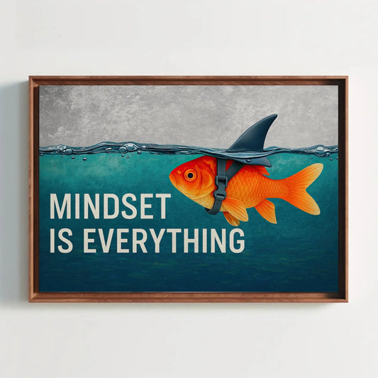 Mindset Is Everything Canvas Print, Extra Large Motivational Blue Goldfish with Shark Fin Wall Art, Inspirational Decor for Office, Gym Wall Art – Canvas Print