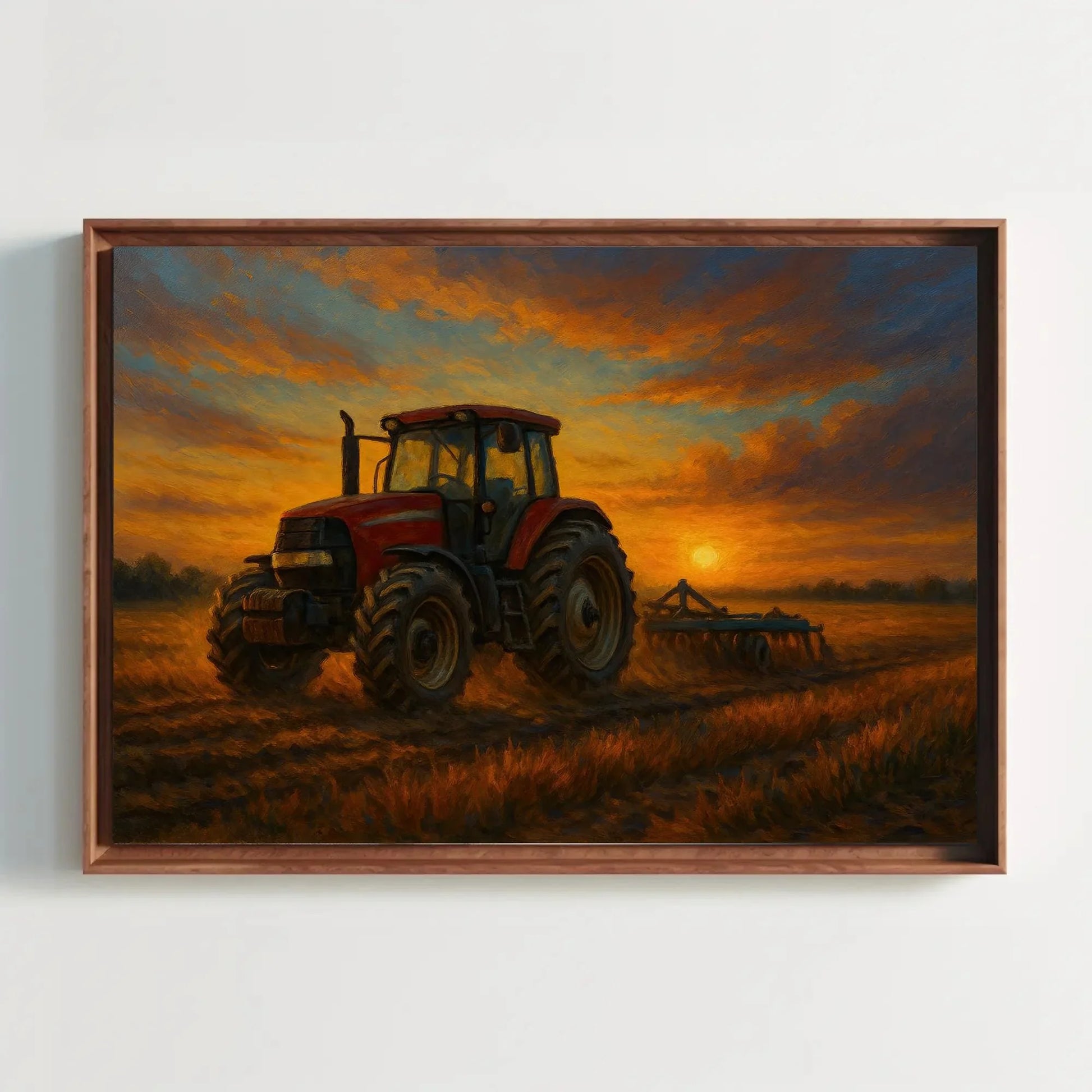 Red Tractor at Sunset in Rural Farm Field – Rustic Country Landscape Canvas Wall Art – Farming Painting for Modern Barn or Home Decor Wall Art – Canvas Print