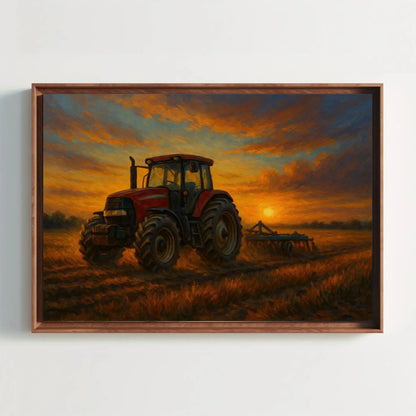 Red Tractor at Sunset in Rural Farm Field – Rustic Country Landscape Canvas Wall Art – Farming Painting for Modern Barn or Home Decor Wall Art – Canvas Print