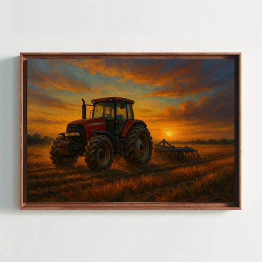 Red Tractor at Sunset in Rural Farm Field – Rustic Country Landscape Canvas Wall Art – Farming Painting for Modern Barn or Home Decor Wall Art – Canvas Print
