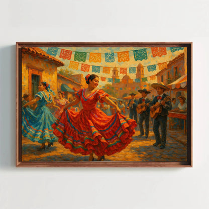 Mexican Cinco De Mayo Folk Dance Canvas Wall Art for Kitchen or Fiesta Themed Dining Room – Colorful Traditional Festival Painting Wall Art – Canvas Print