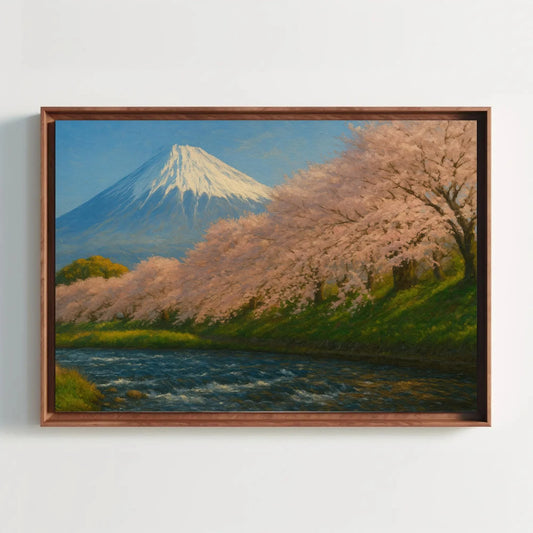 Mount Fuji and Cherry Blossom Wall Art Canvas Print with Spring Sakura Trees and Flowing River in Serene Japanese Landscape Painting Wall Art – Canvas Print