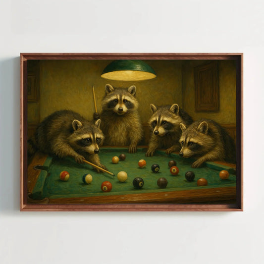 Raccoon Family Playing Pool Canvas Print Cute Animal Painting of Raccoons at Billiards Table Funny Wall Art for Bar Lounge or Cabin Wall Art – Canvas Print