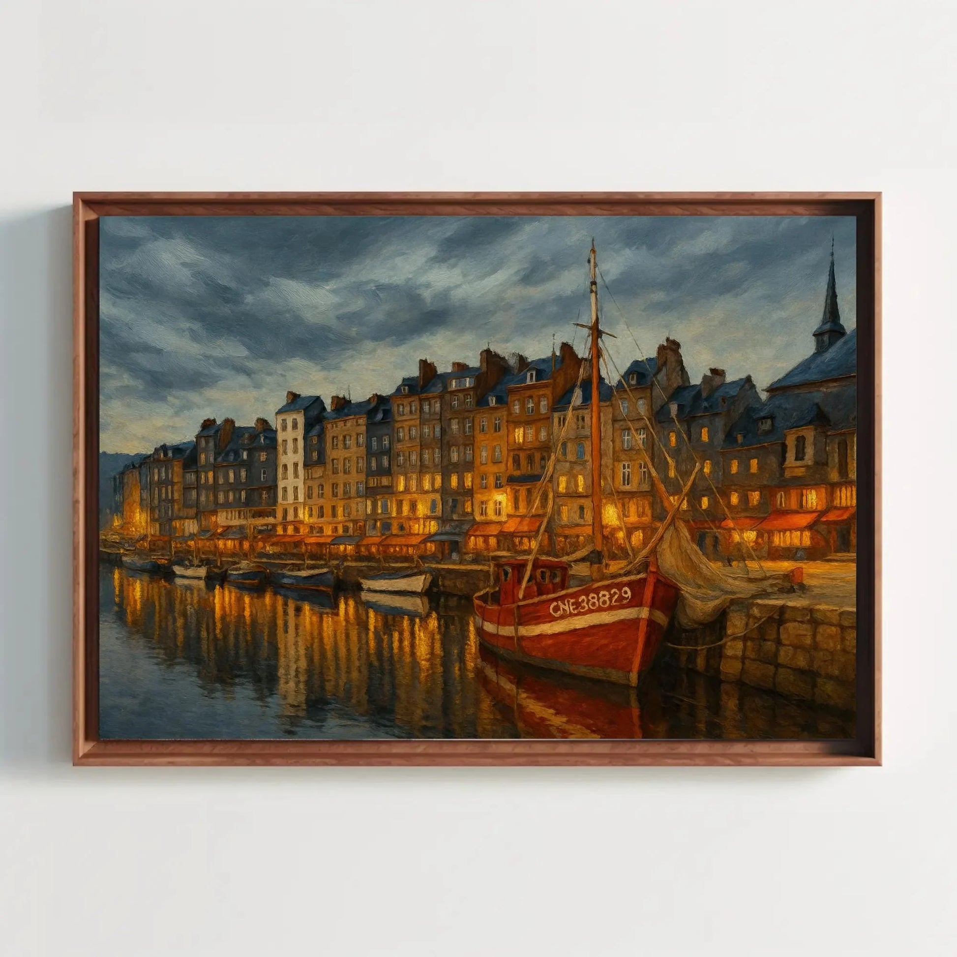 Honfleur France Harbor at Twilight Canvas Print Red Boat Seaside Town Wall Art for Coastal Decor and European Travel Gift Wall Art – Canvas Print